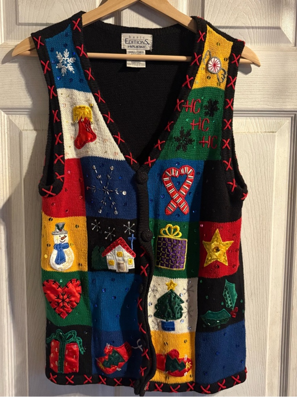 Basic Editions Christmas Sweater Vest Womens Small Black Holiday Patchwork Knit